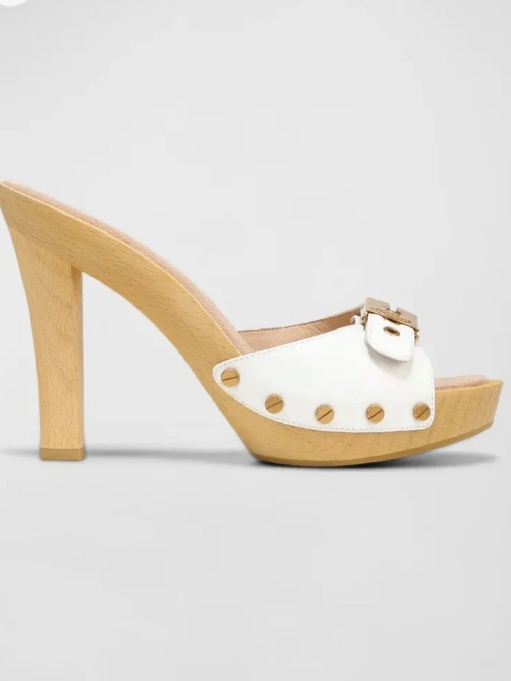 Veronica Beard White Leather Buckle-Accent Wooden Heel Mules